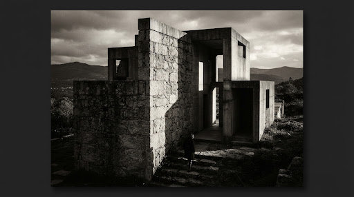 La persistencia de la sombra sobre el granito - Fotografía blanco y negro de arquitectura brutalista de piedra en Galicia